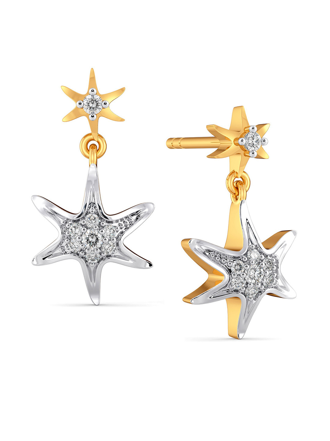 

MELORRA Surfin Stars Diamond-Studded Rhodium-Plated 18KT Gold Drop Earrings- 3.45 gm