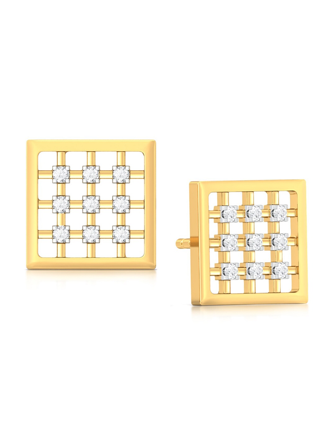 

MELORRA Gingham Style Diamond-Studded 18KT Gold Studs Earrings- 3.52 gm