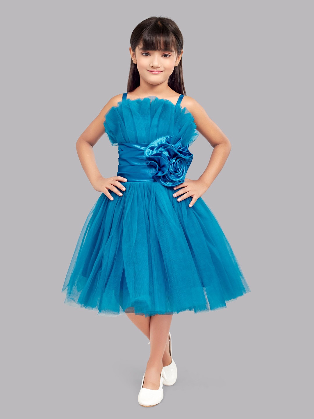 

Pink Chick Shoulder Straps Ruffled Net Fit & Flare Midi Dress, Blue