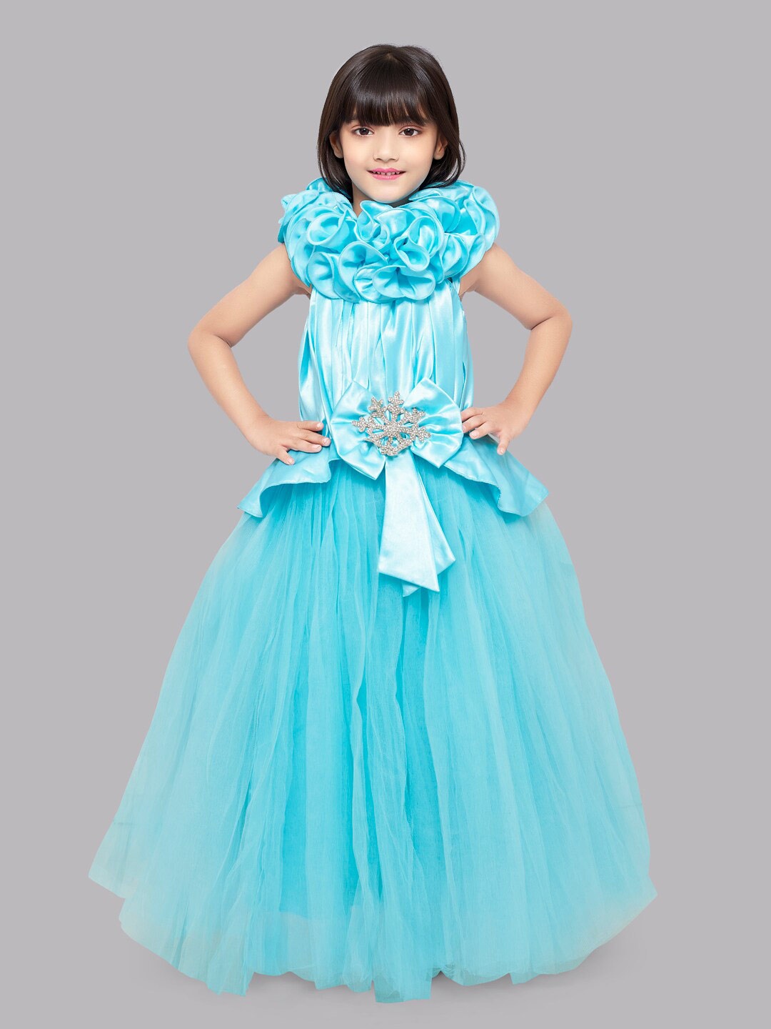 

Pink Chick Puff Sleeve Ruffled Net Corsage Gown Dress, Blue