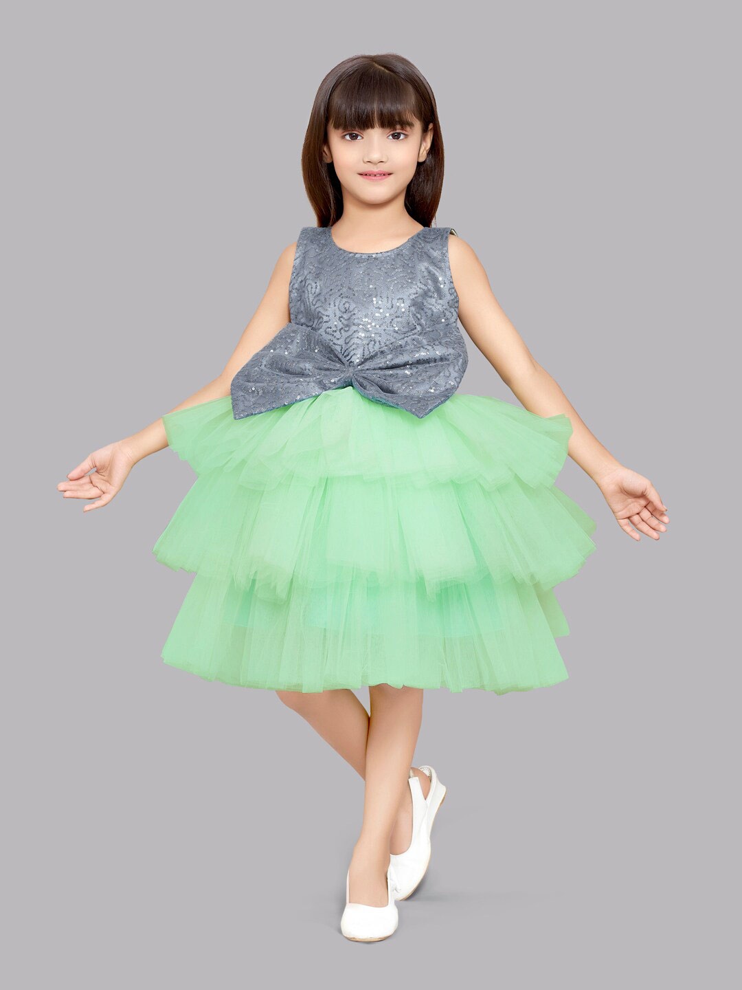 

Pink Chick Girls Round Neck Sequins Layered Bow Net A-Line Dress, Grey