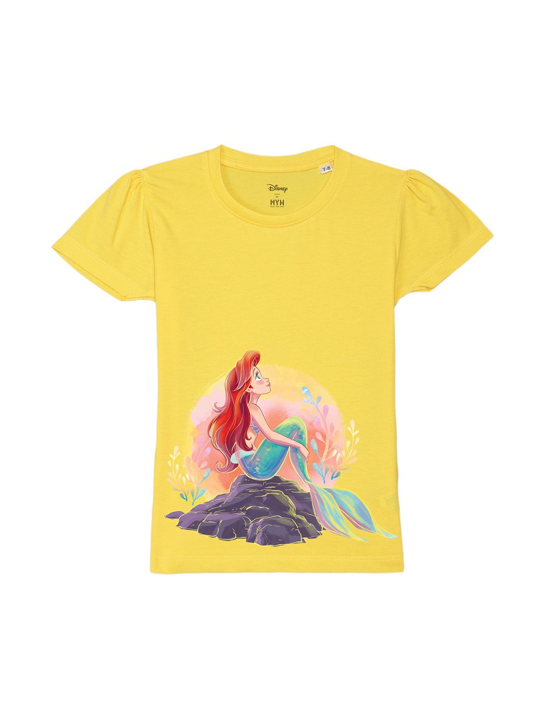 

Disney by Wear Your Mind Girls Disney Princess Printed Puff Sleeves Pure Cotton T-shirt, Yellow