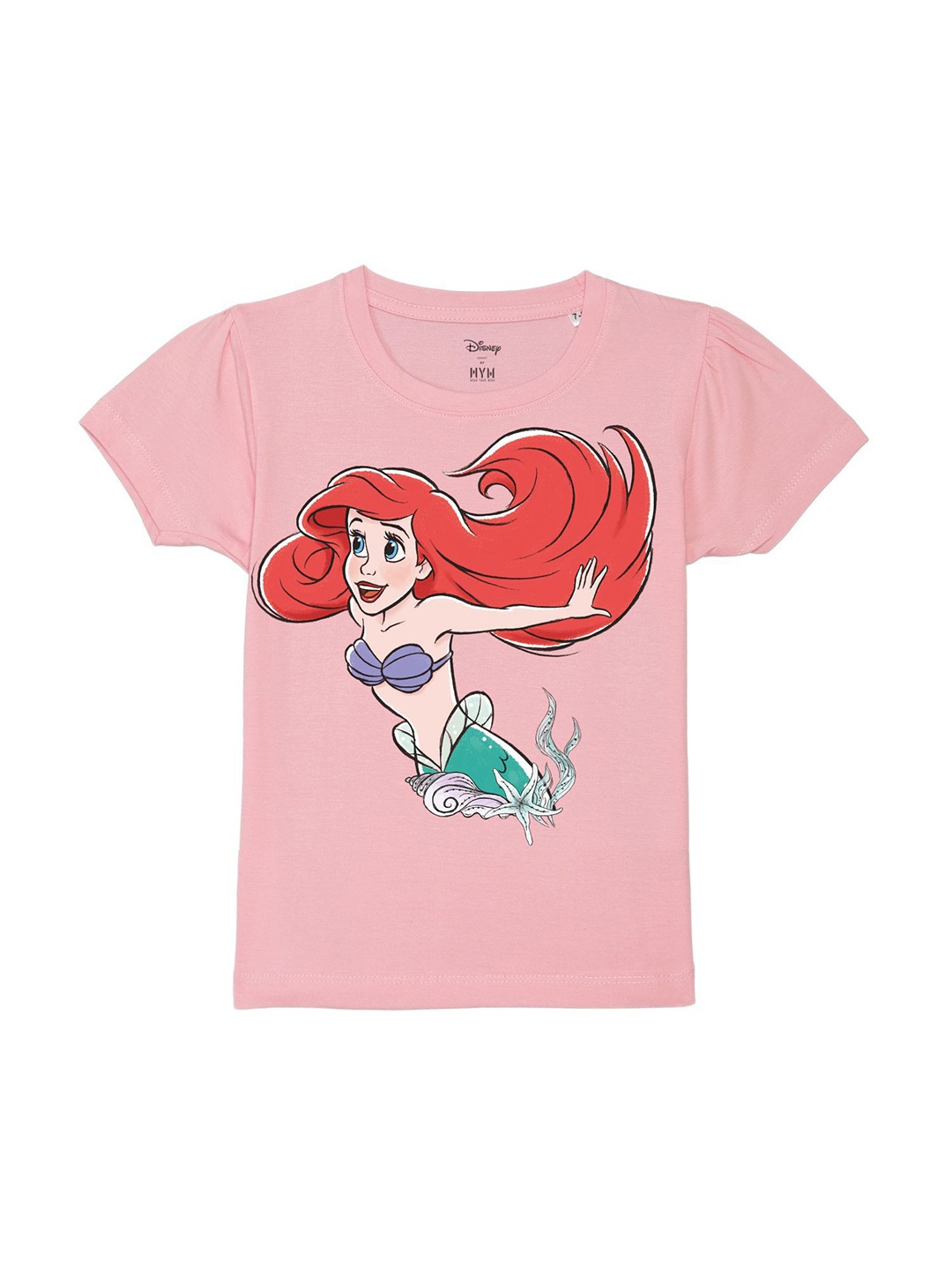 

Disney by Wear Your Mind Girls Disney Princess Printed Puff Sleeves Pure Cotton T-shirt, Pink