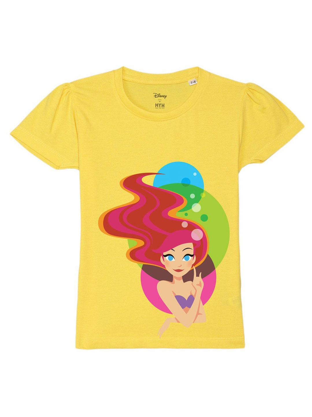 

Disney by Wear Your Mind Girls Disney Princess Printed Puffed Sleeves Pure Cotton T-shirt, Yellow