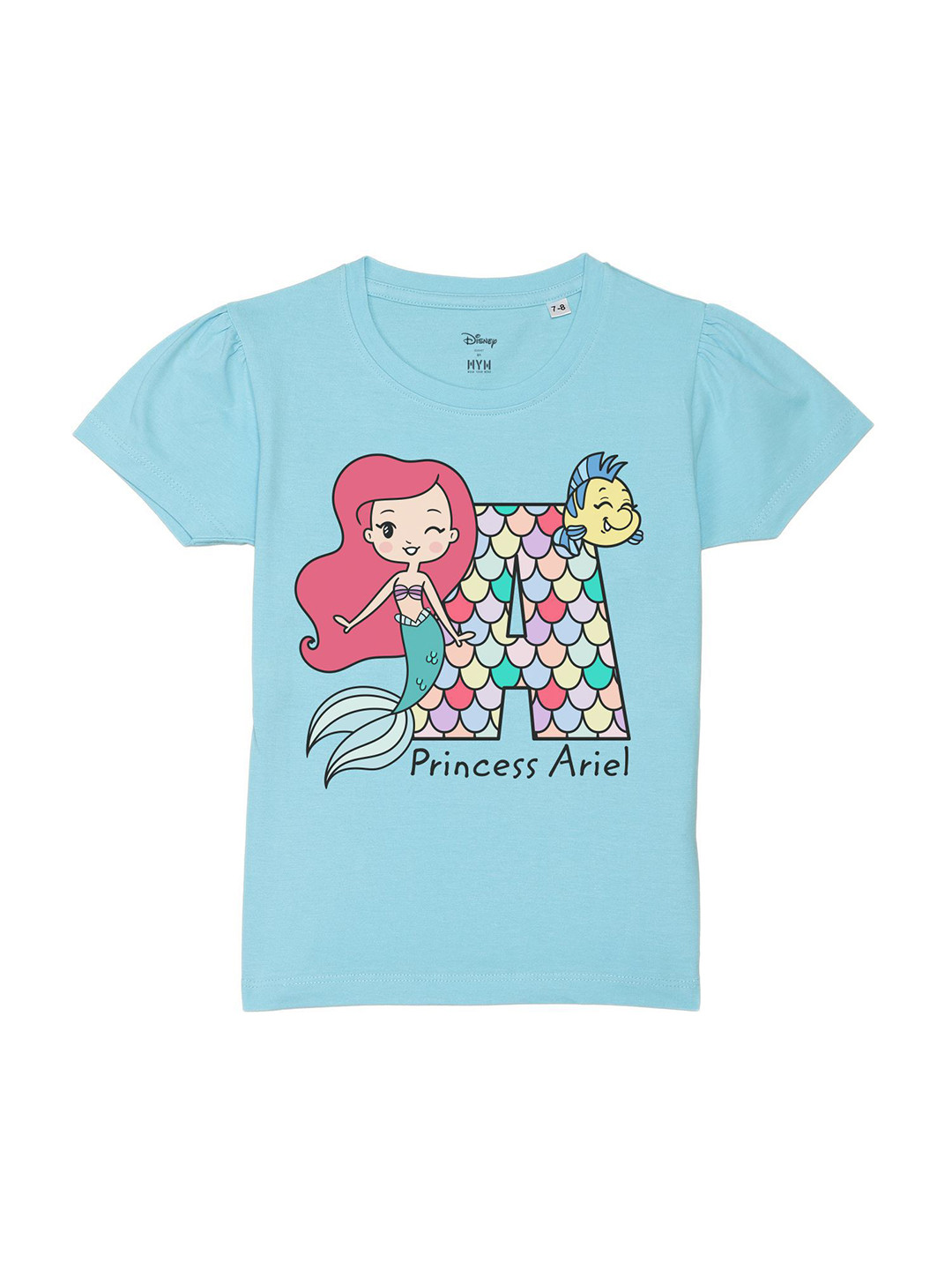 

Disney by Wear Your Mind Girls Disney Princess Printed Puff Sleeves Pure Cotton T-shirt, Blue