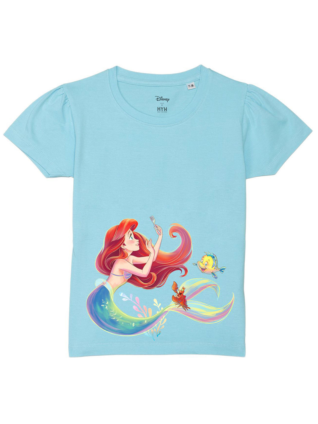 

Disney by Wear Your Mind Girls Disney Princess Printed Puff Sleeves Pure Cotton T-shirt, Blue