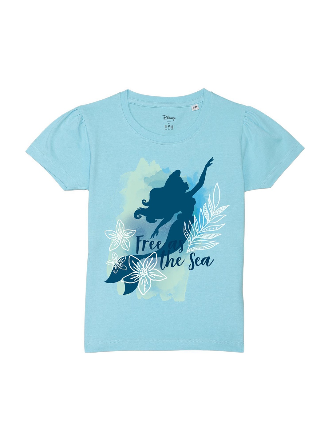 

Disney by Wear Your Mind Girls Disney Princess Printed Puff Sleeves Pure Cotton T-shirt, Blue