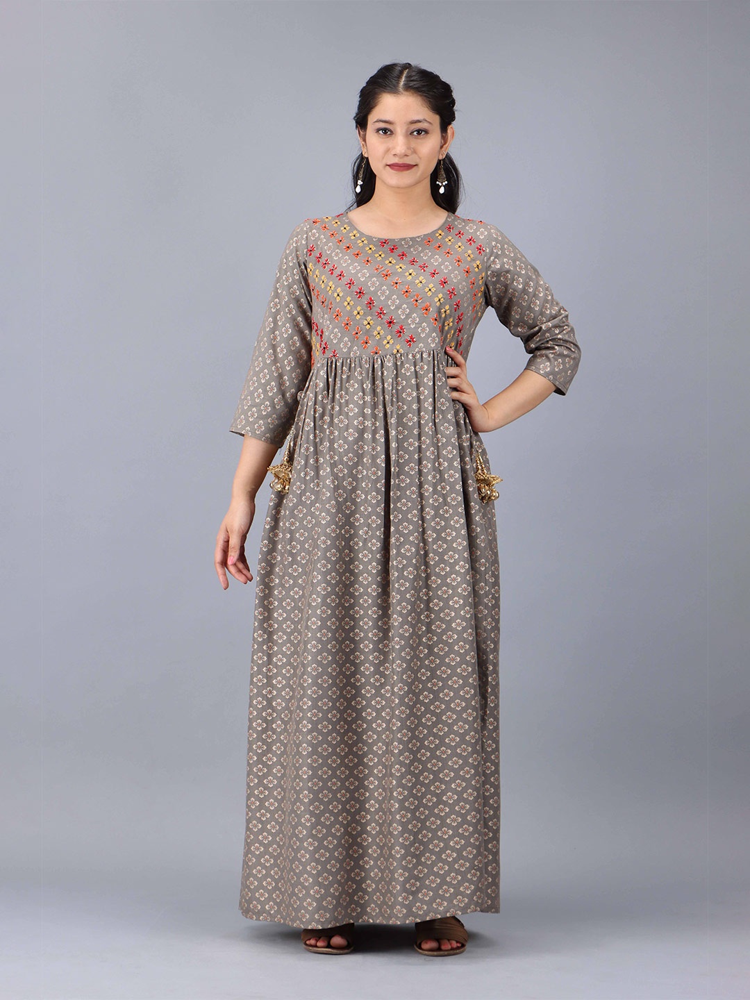 

Pankvi Ethnic Motifs Printed Embroidered Fit & Flare Maxi Ethnic Dress, Grey