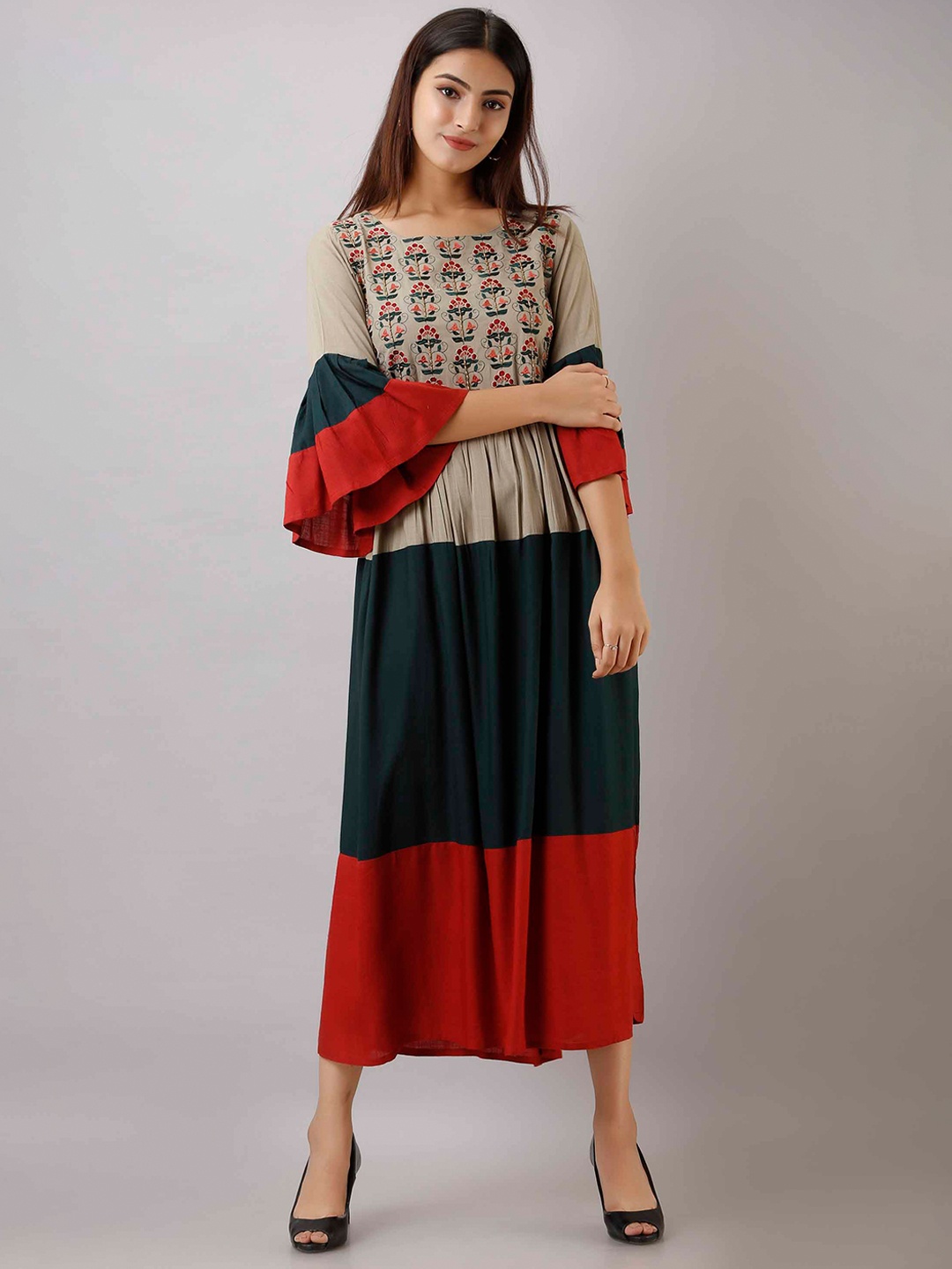 

Pankvi Colourblocked Bell Sleeve Fit & Flare Dress, Grey