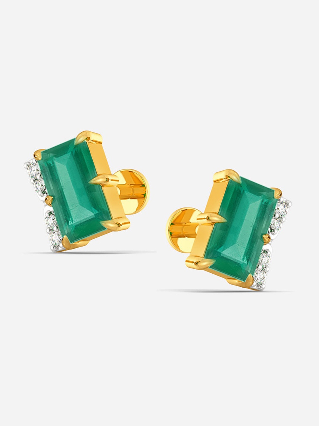 

MELORRA Emerald Embrace Diamond-Studded Rhodium-Plated 18KT Gold Studs Earrings-1.87 gm