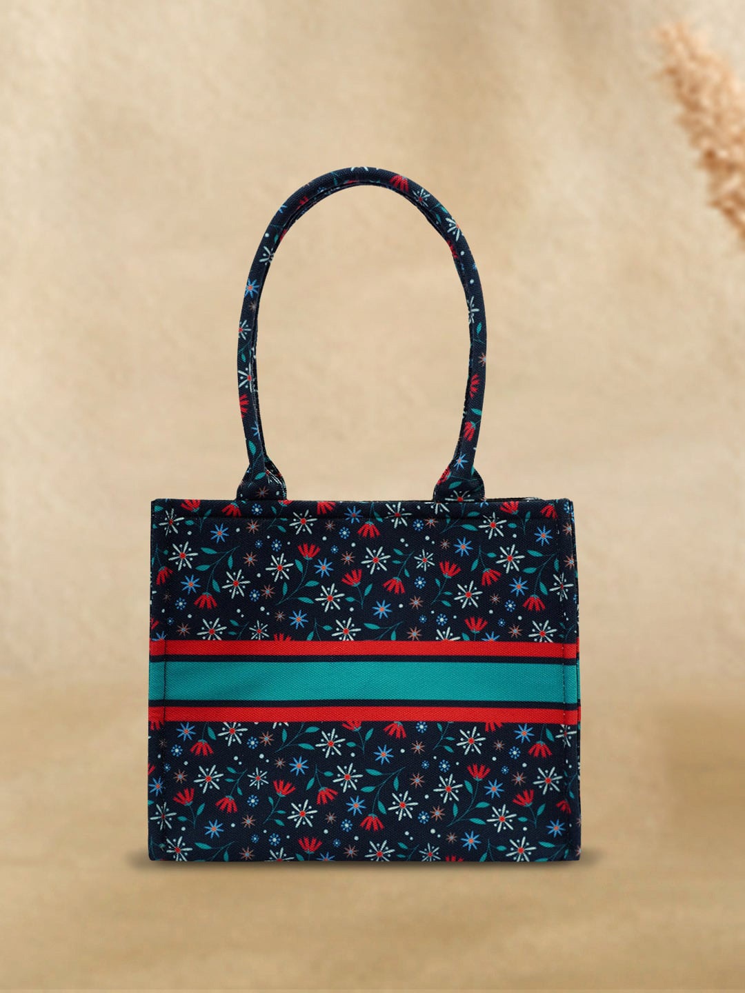 Crazy Corner Floral Printed Structured Handheld Bag, Navy blue