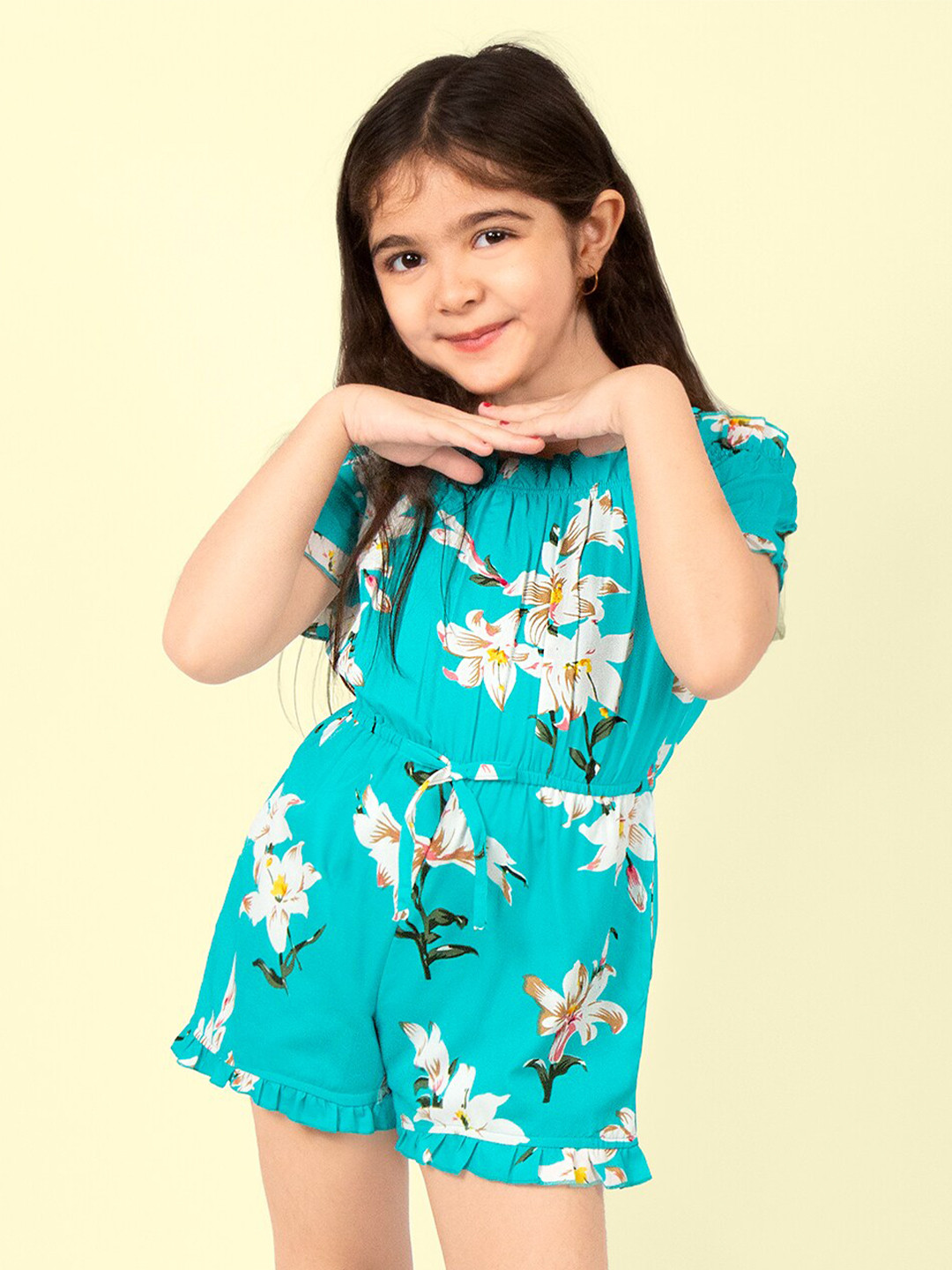 

Naughty Ninos Girls Floral Printed Waist Tie Ups Playsuit Jumpsuit, Green