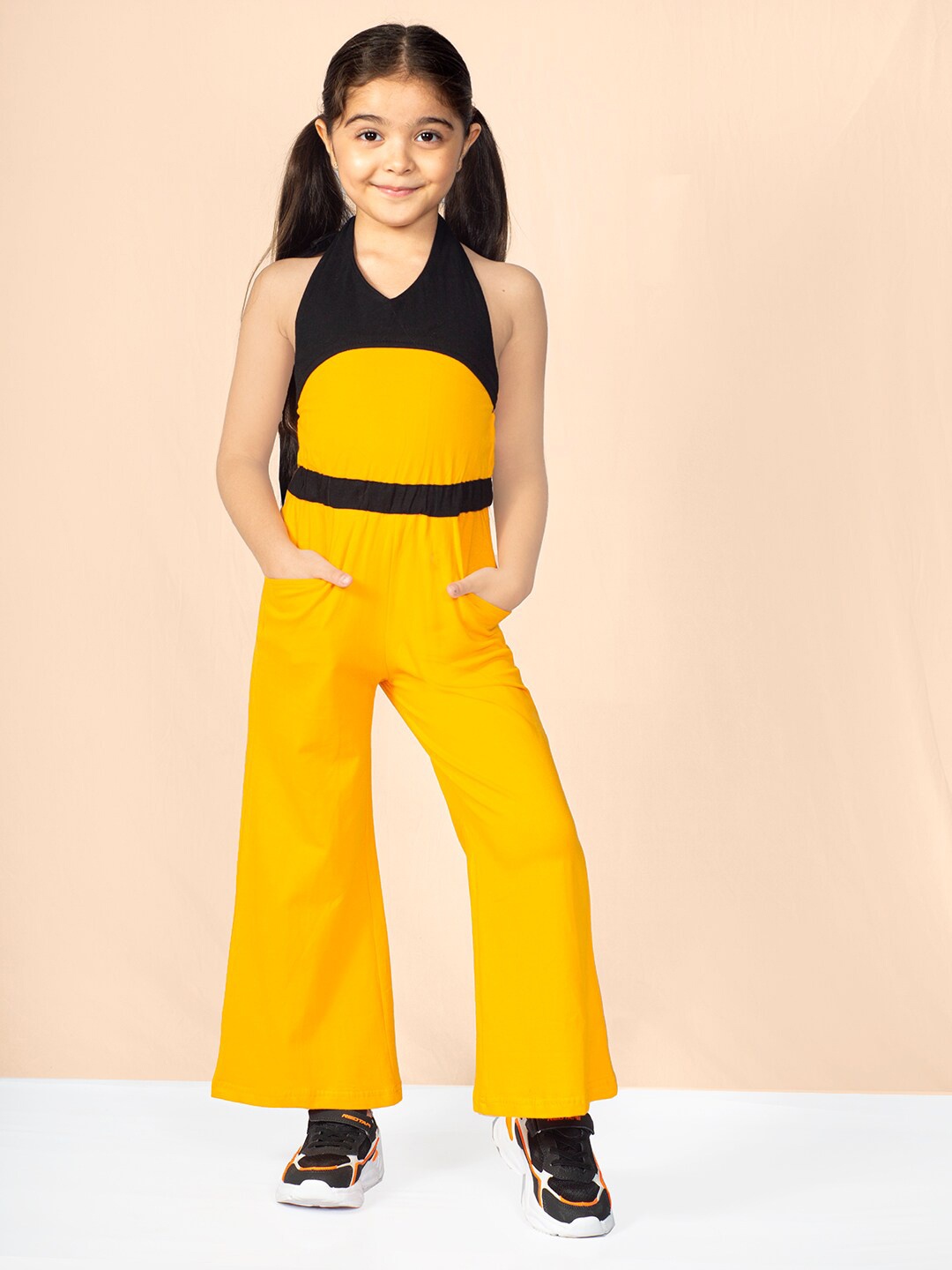 

Naughty Ninos Girls Colourblocked V-Neck Cotton Basic Jumpsuit, Yellow