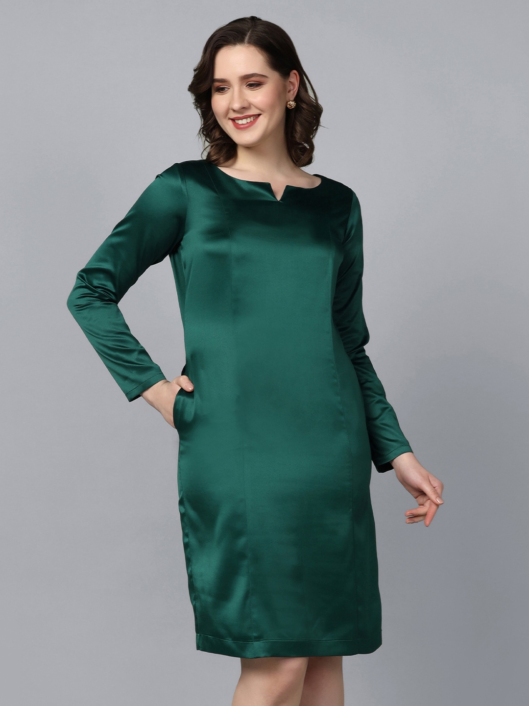 

PowerSutra Notch Neck Satin Sheath Dress, Green