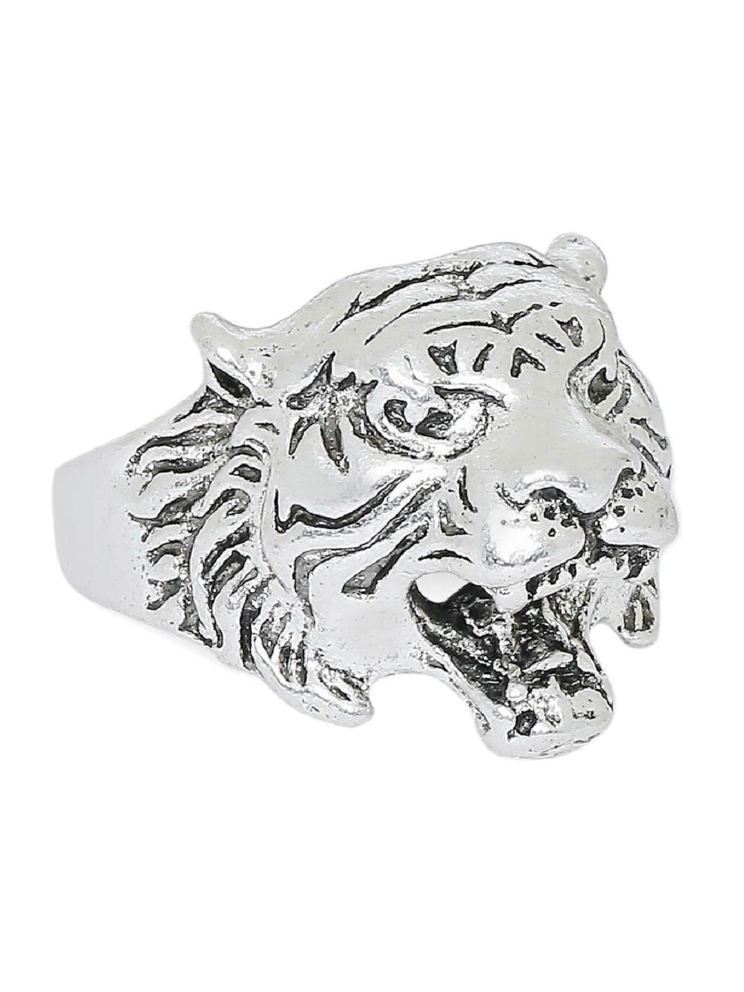 

OOMPH Men Silver Plated Vintage Tiger Shaped Finger Ring