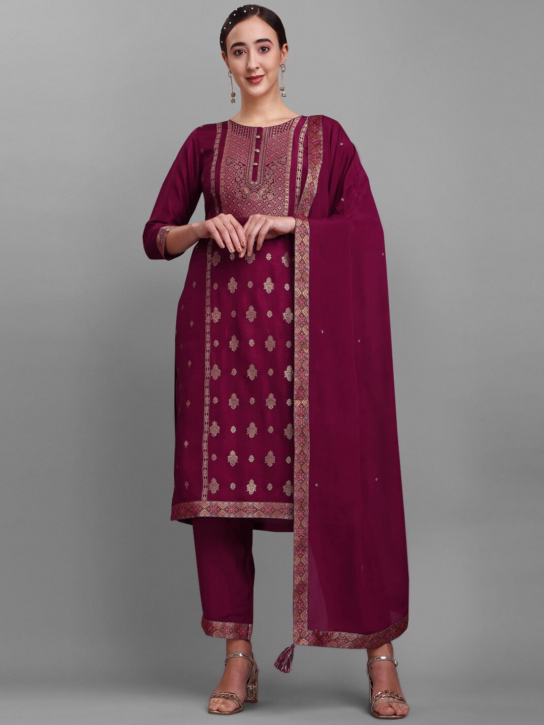 

Seerat Ethnic Motif Woven Design Zari Pure Silk Kurta With Palazzos & Dupatta, Maroon