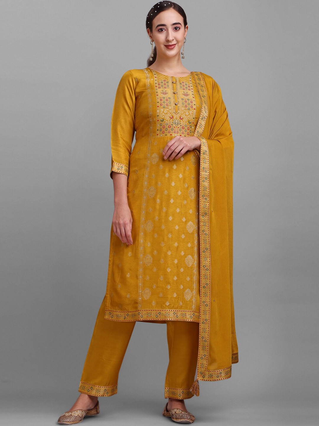 

Seerat Woven Design Pure Silk Zari Kurta with Trousers & Dupatta, Yellow