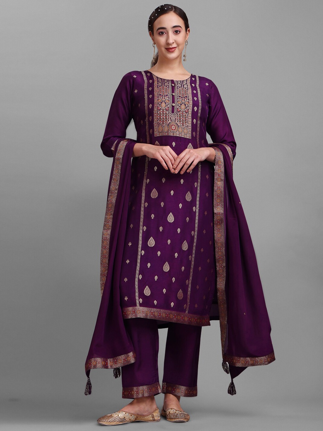 

Seerat Woven Design Pure Silk Zari Kurta with Trousers & Dupatta, Purple