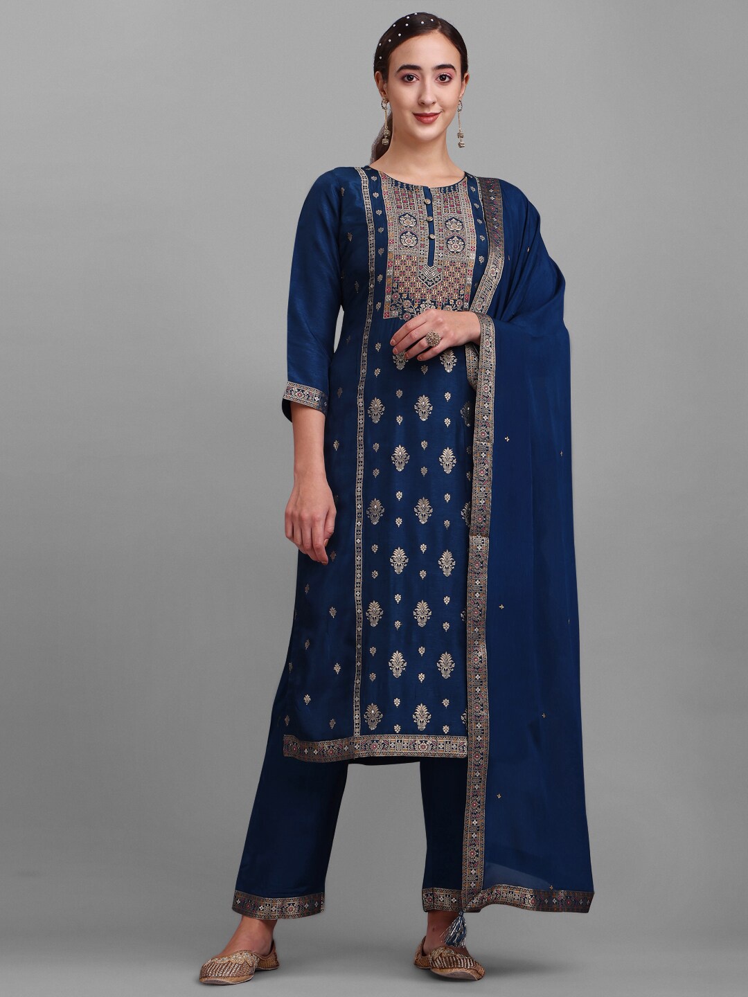 

Seerat Ethnic Motif Woven Design Pure Silk Kurta With Palazzos & Dupatta, Teal