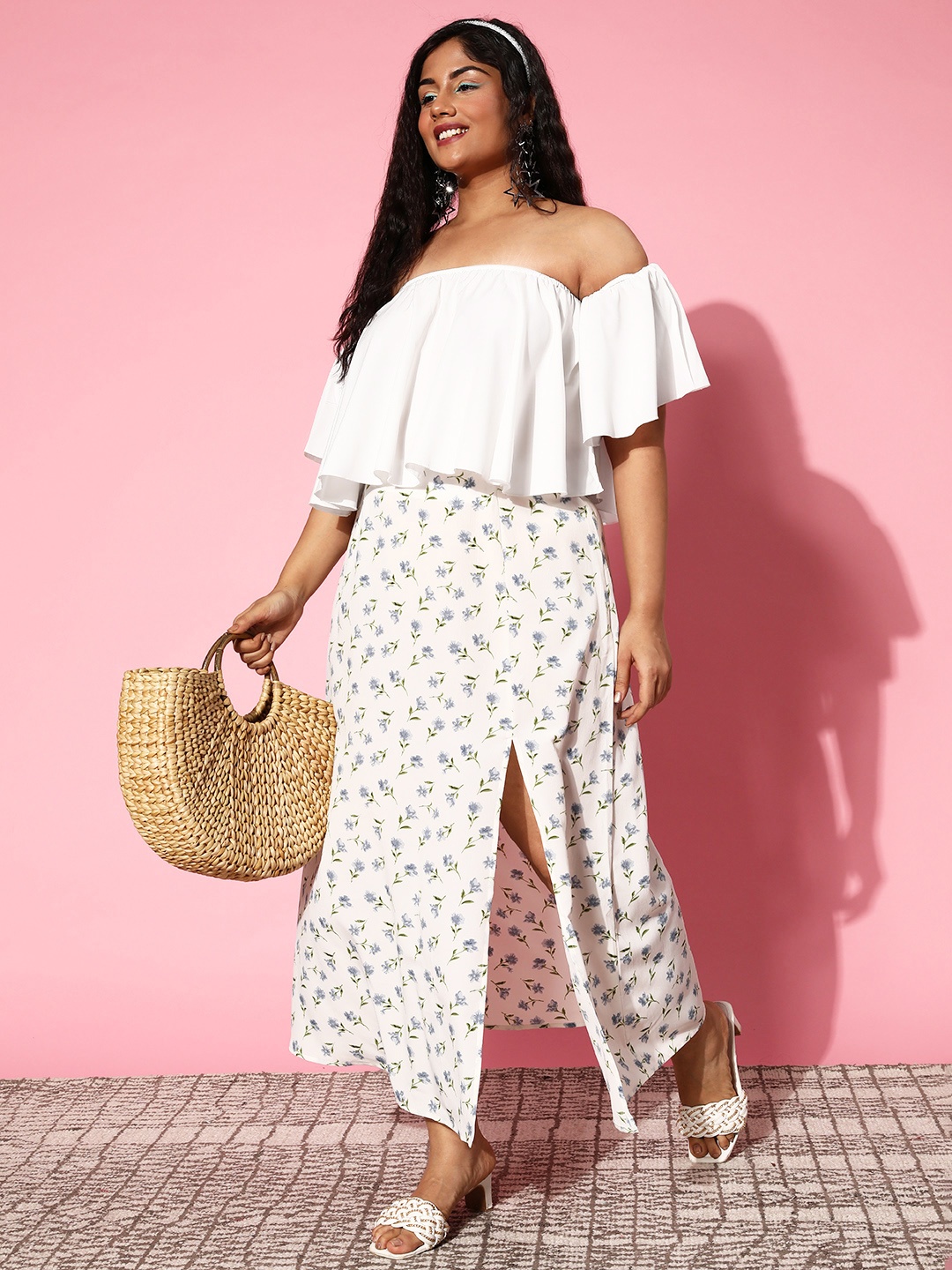 

Berrylush Curve Plus Size Off-Shoulder Flared Sleeve Ruffles Crepe Bardot Crop Top, White