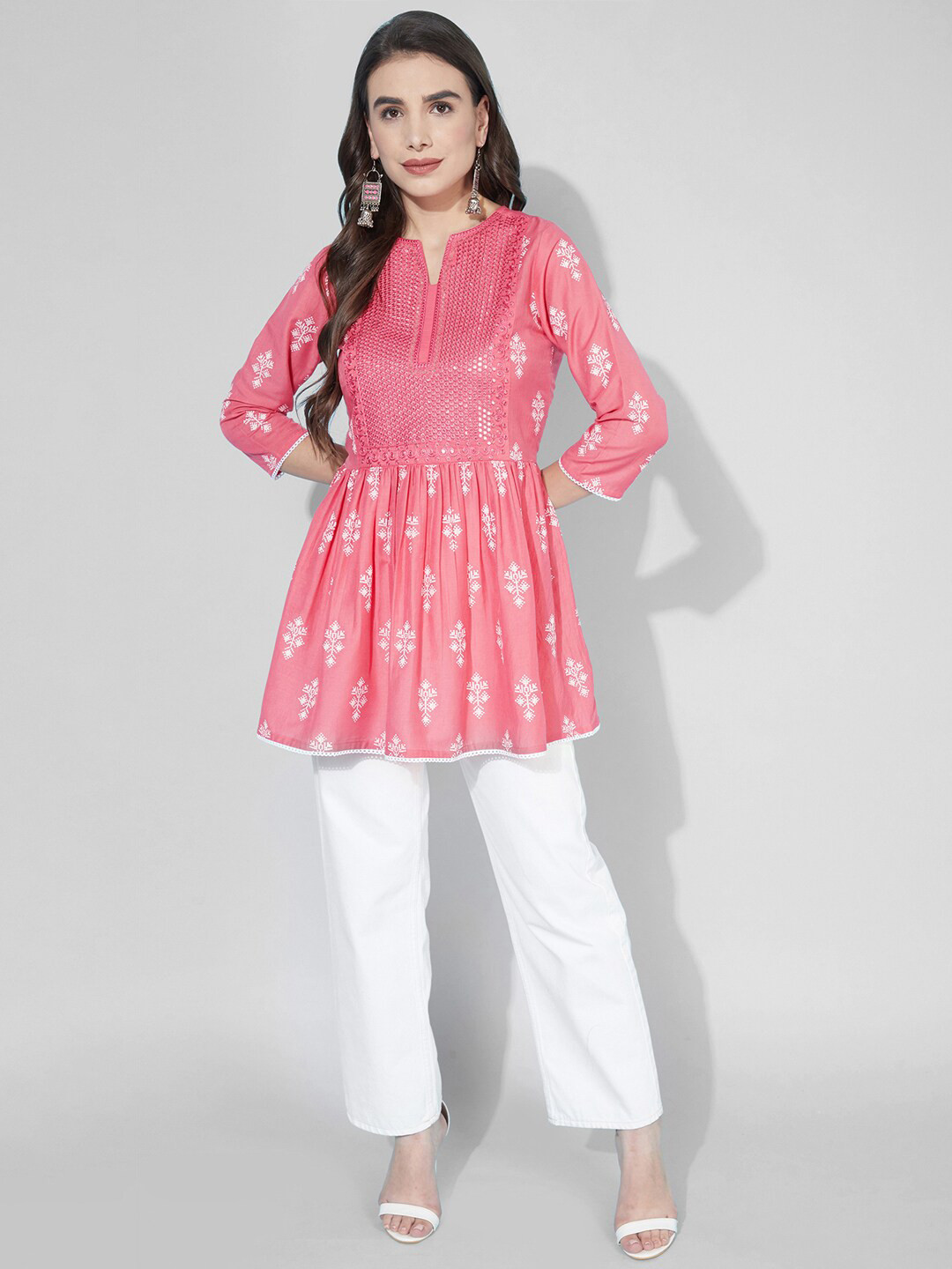 

Selvia Floral Printed Embroidered V-Neck Tunic, Pink