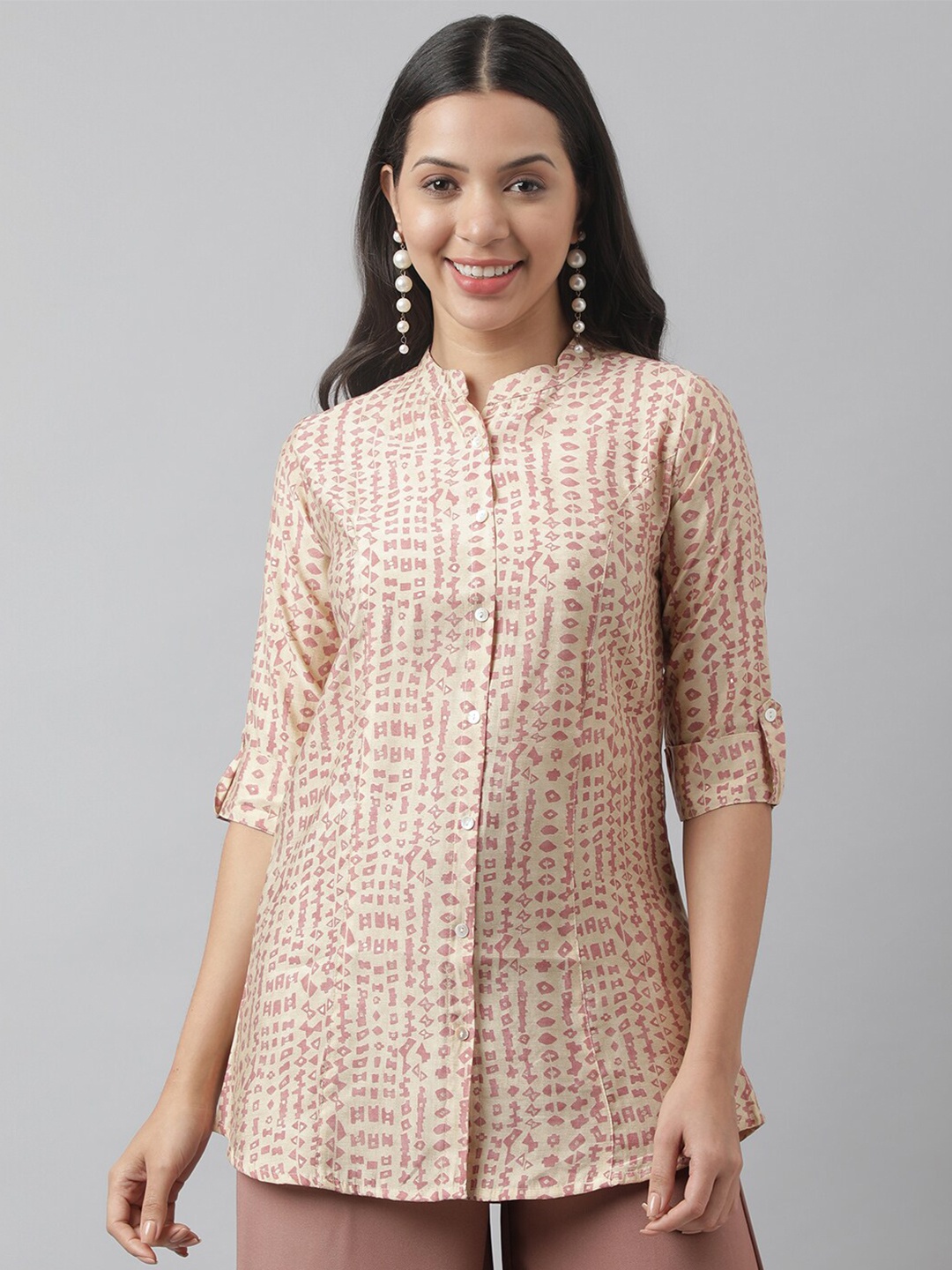

Divena Abstract Printed Mandarin Collar Roll-Up Sleeves A-line Shirt Style Top, Beige