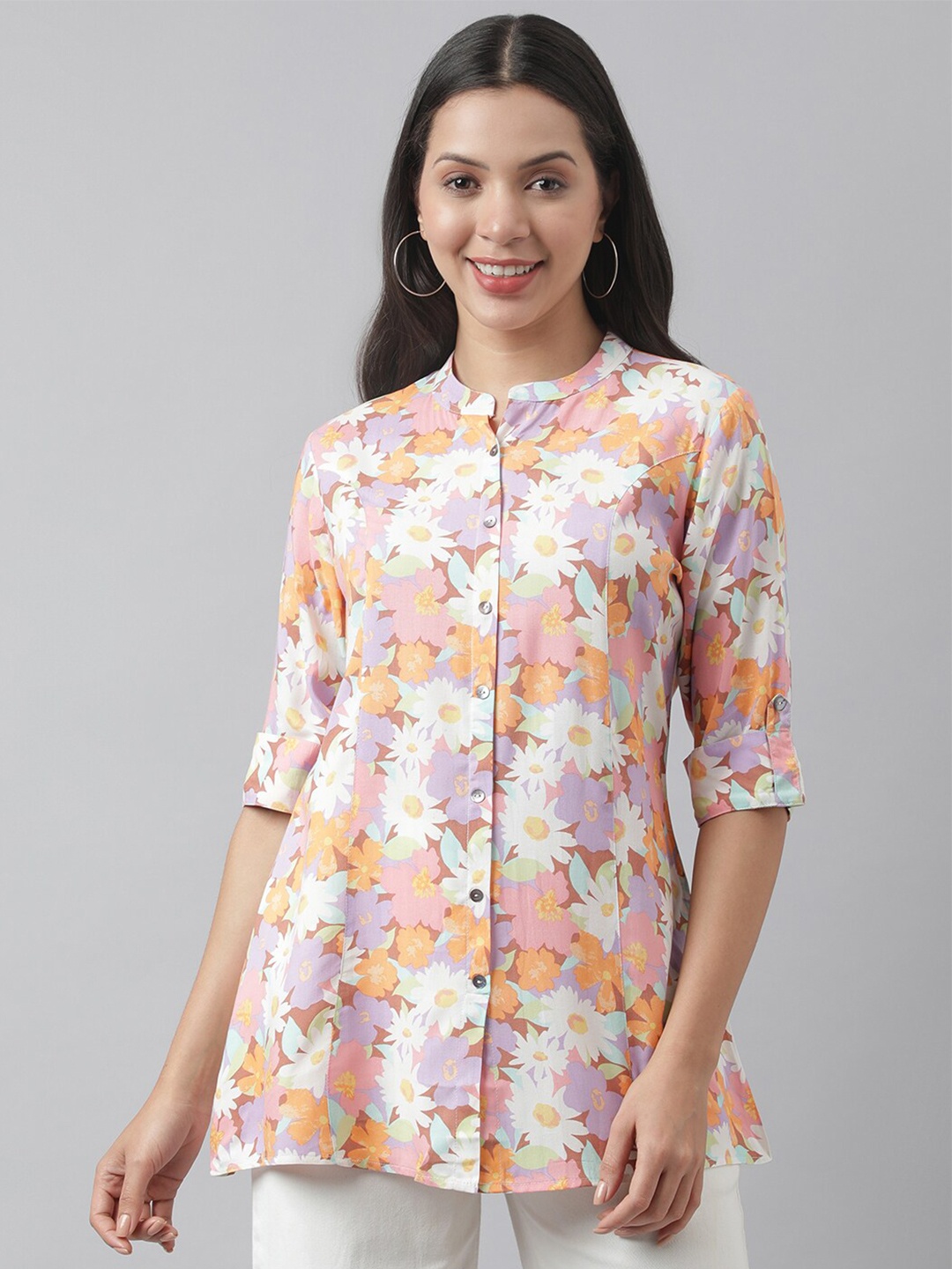 

Divena Floral Print Mandarin Collar Roll-Up Sleeves A-line Shirt Style Top, Lavender