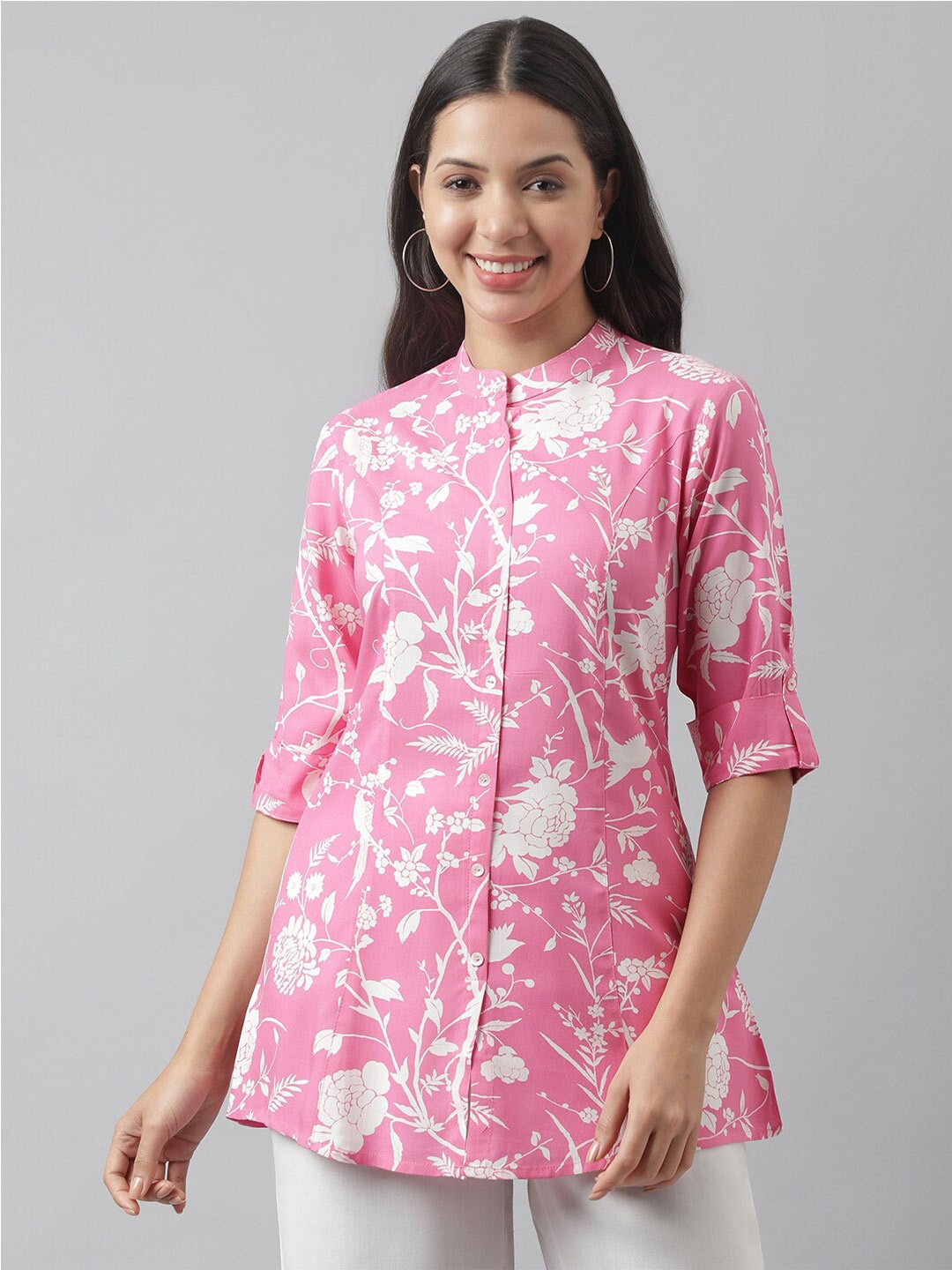 

Divena Floral Print Mandarin Collar Roll-Up Sleeves A-line Shirt Style Top, Pink