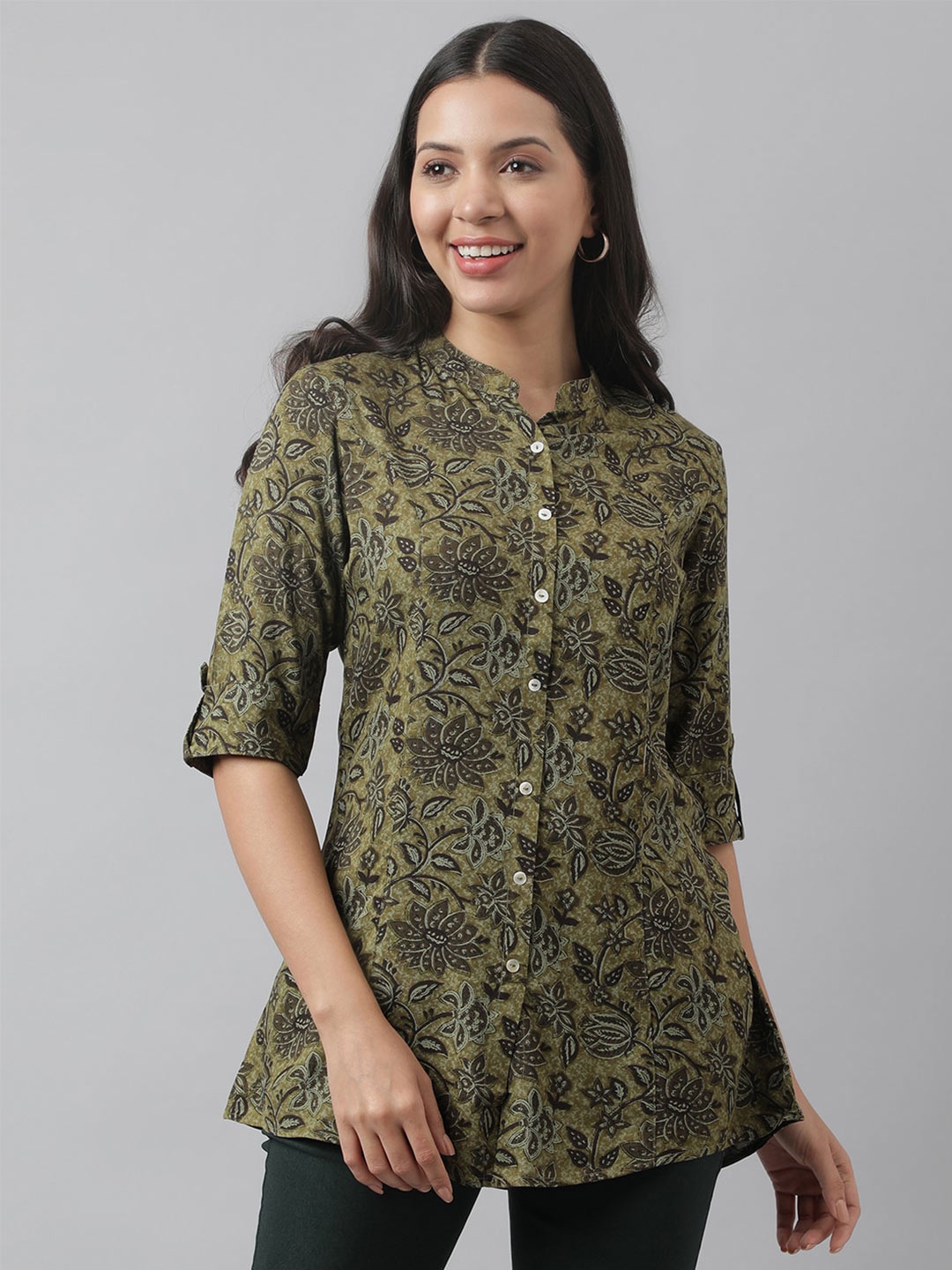 

Divena Print Mandarin Collar Roll-Up Sleeves Shirt Style Top, Olive