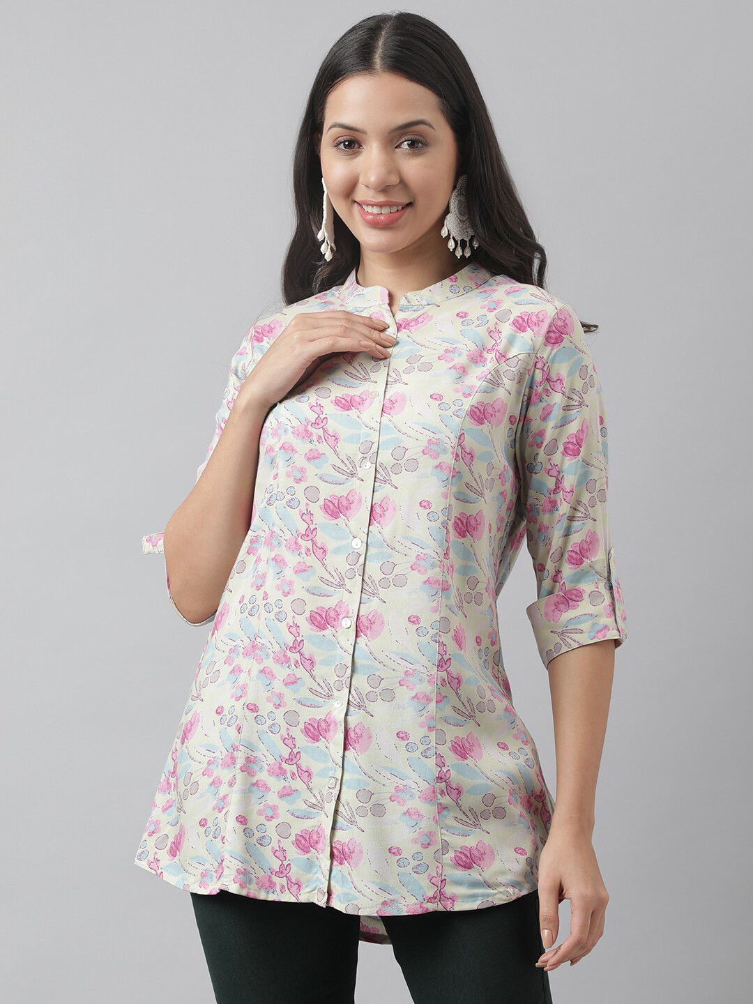 

Divena Floral Print Mandarin Collar Roll-Up Sleeves A-line Shirt Style Top, Cream