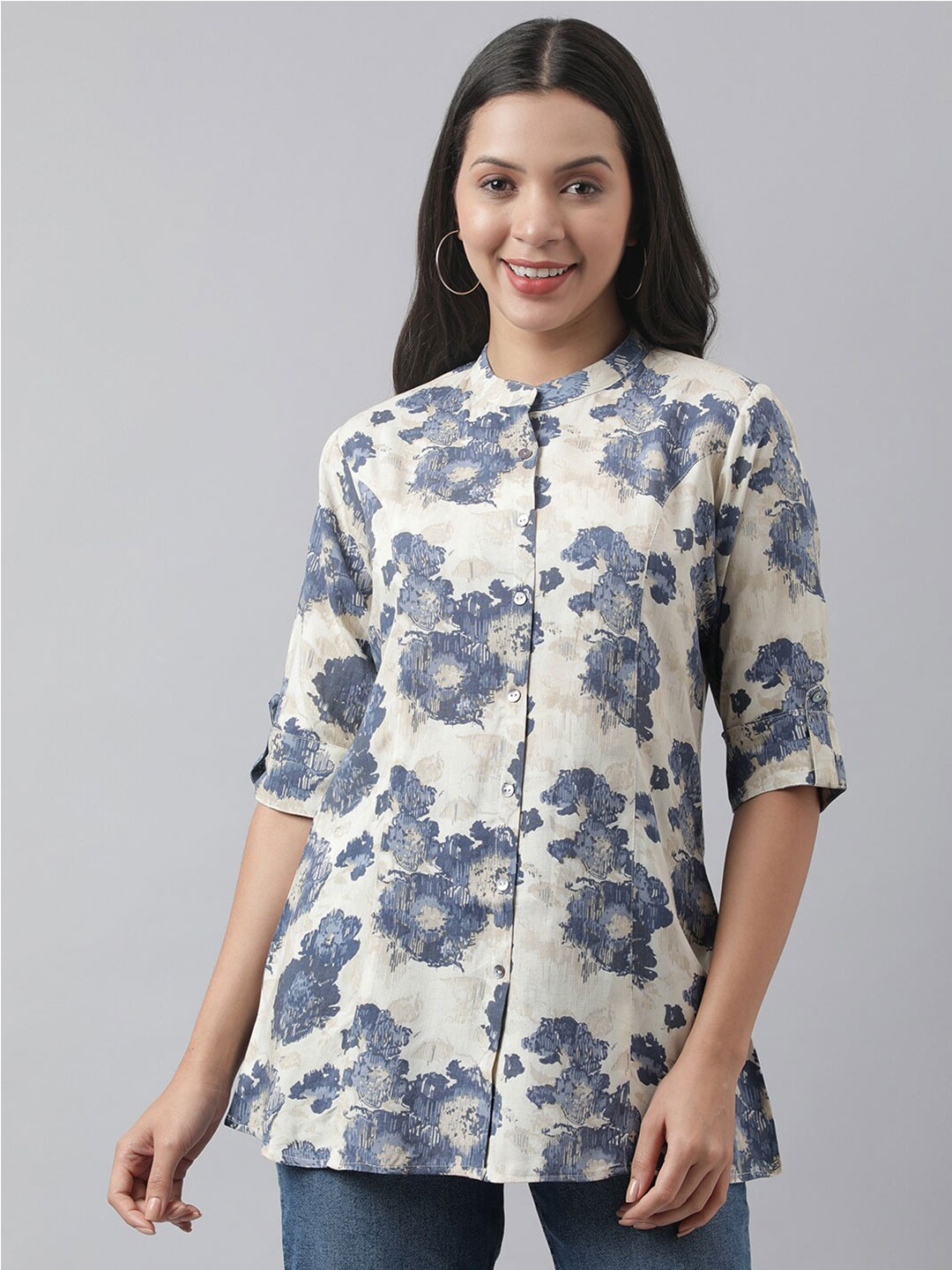 

Divena Abstract Printed Mandarin Collar Roll-Up Sleeves A-line Shirt Style Top, Cream