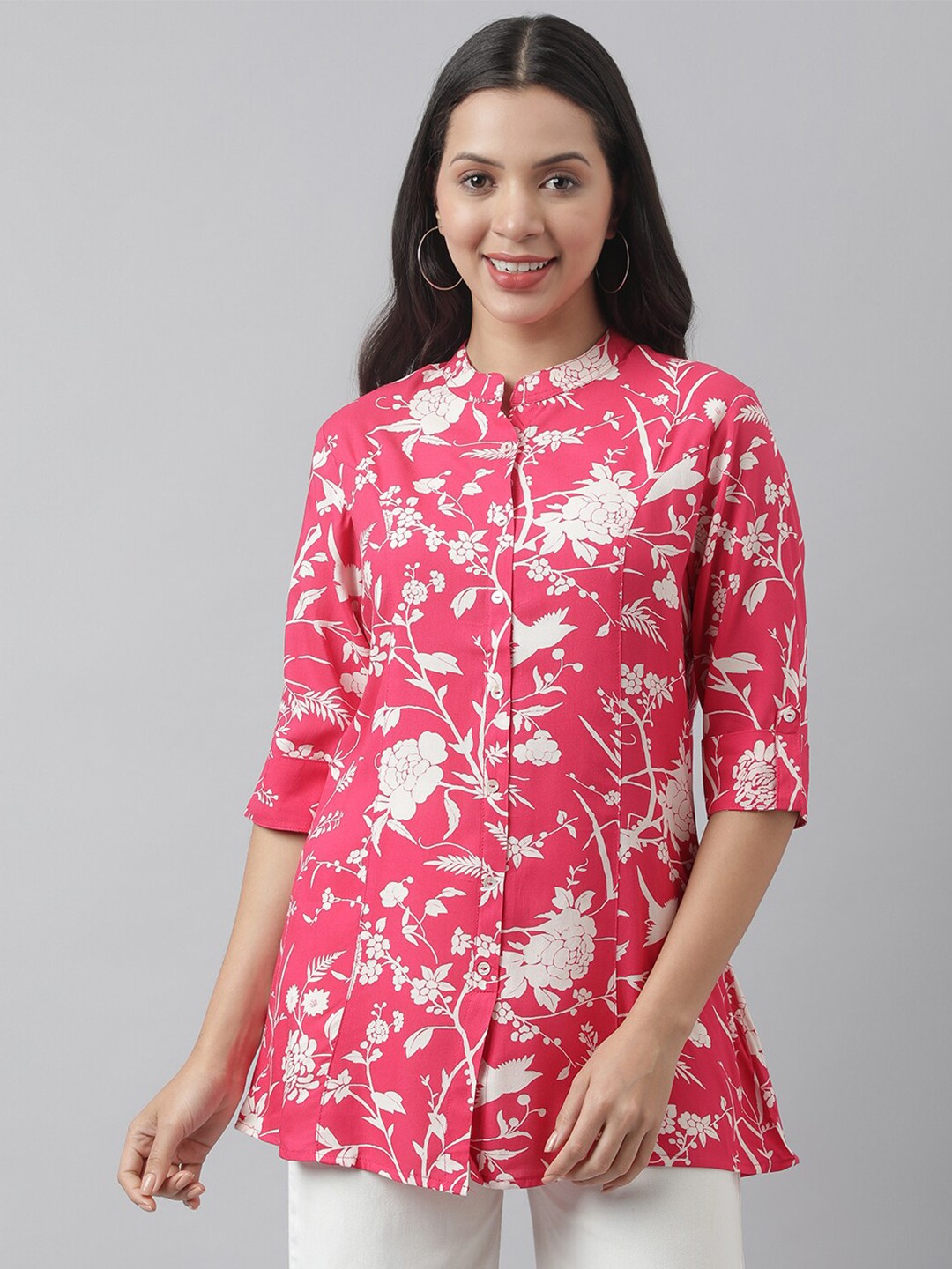 

Divena Floral Print Mandarin Collar Roll-Up Sleeves A-line Shirt Style Top, Pink
