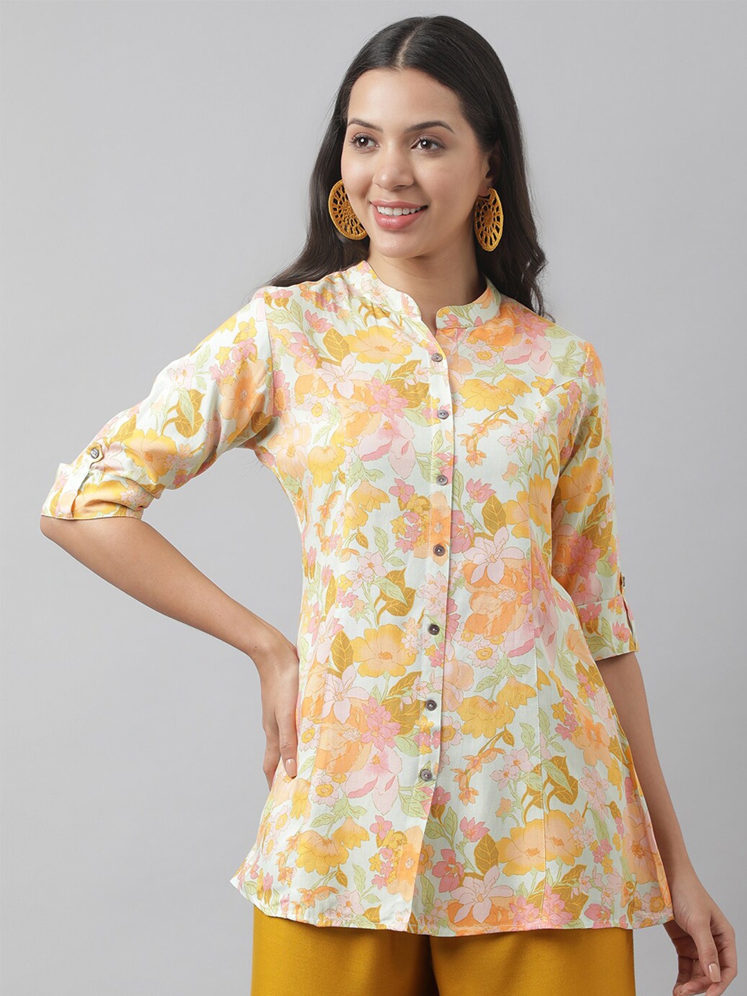 

Divena Floral Print Mandarin Collar Roll-Up Sleeves A-line Shirt Style Top, Off white
