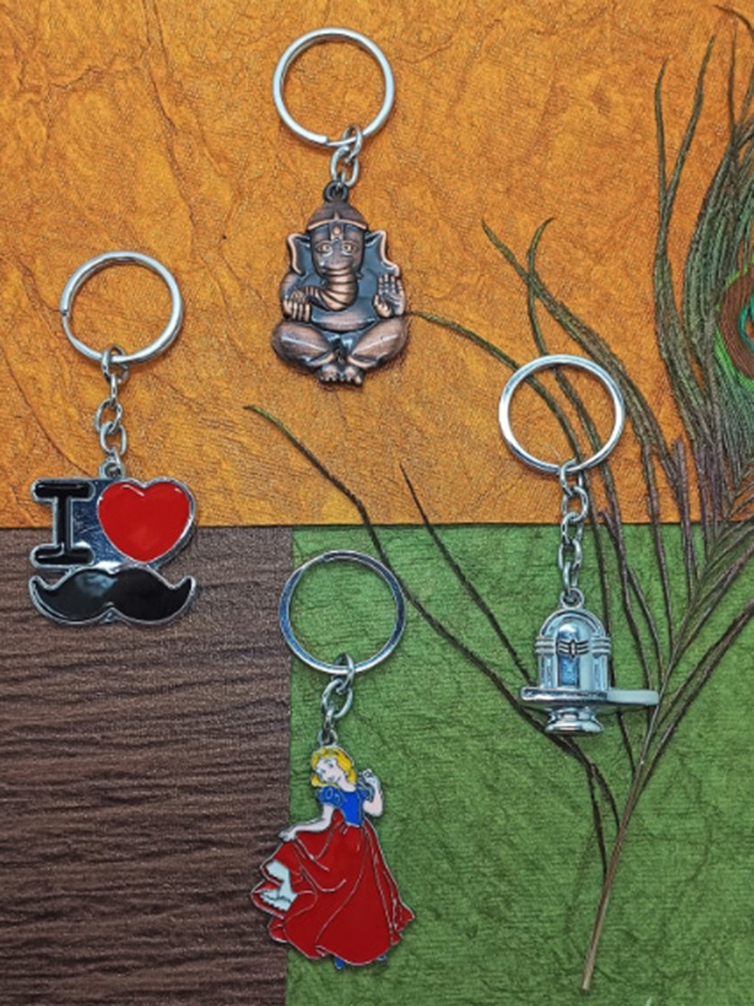 

FEMMIBELLA 4Pcs Textured Ganpati-Barbie doll-Shivlinga-Love Metal Anti Scratch Key Chain, Silver