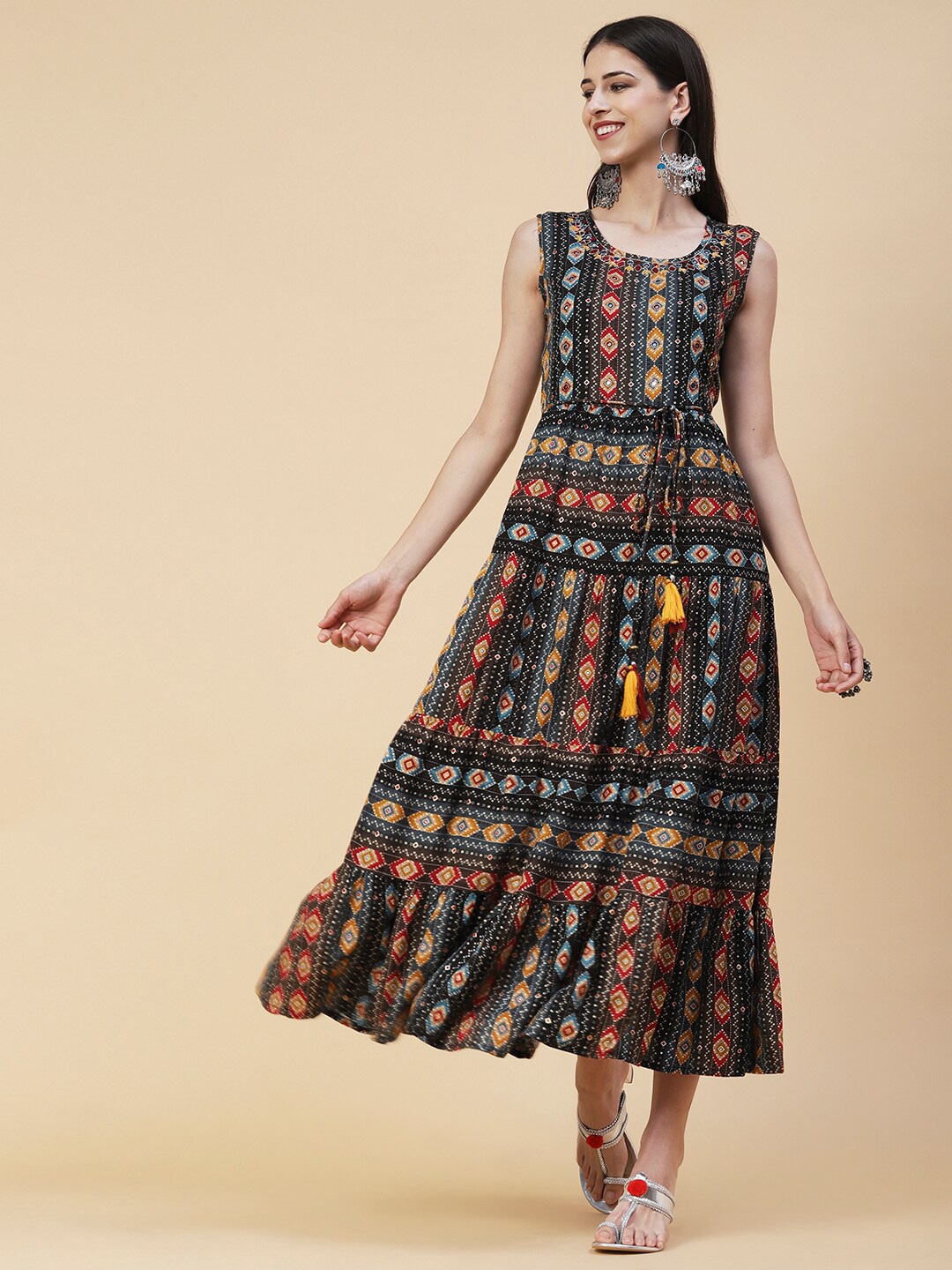 

FASHOR Ethnic Motifs Print Maxi Ethnic Dress, Navy blue