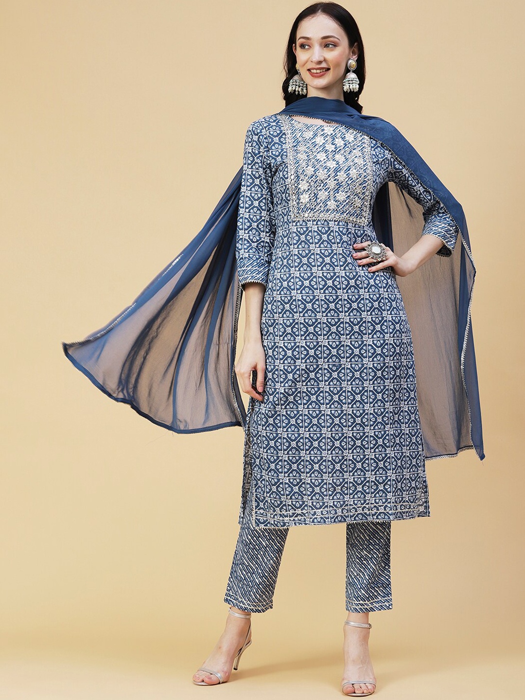 

FASHOR Ethnic Motifs Printed Gotta Patti Pure Cotton Kurta with Trousers & Dupatta, Navy blue