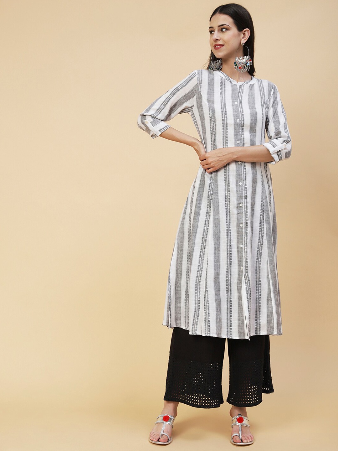 

FASHOR Striped Band Collar Pure Cotton A-Line Kurta, White