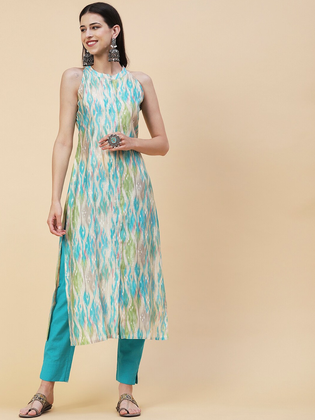 

FASHOR Printed Band Collar Sleeveless Straight Kurta, Beige