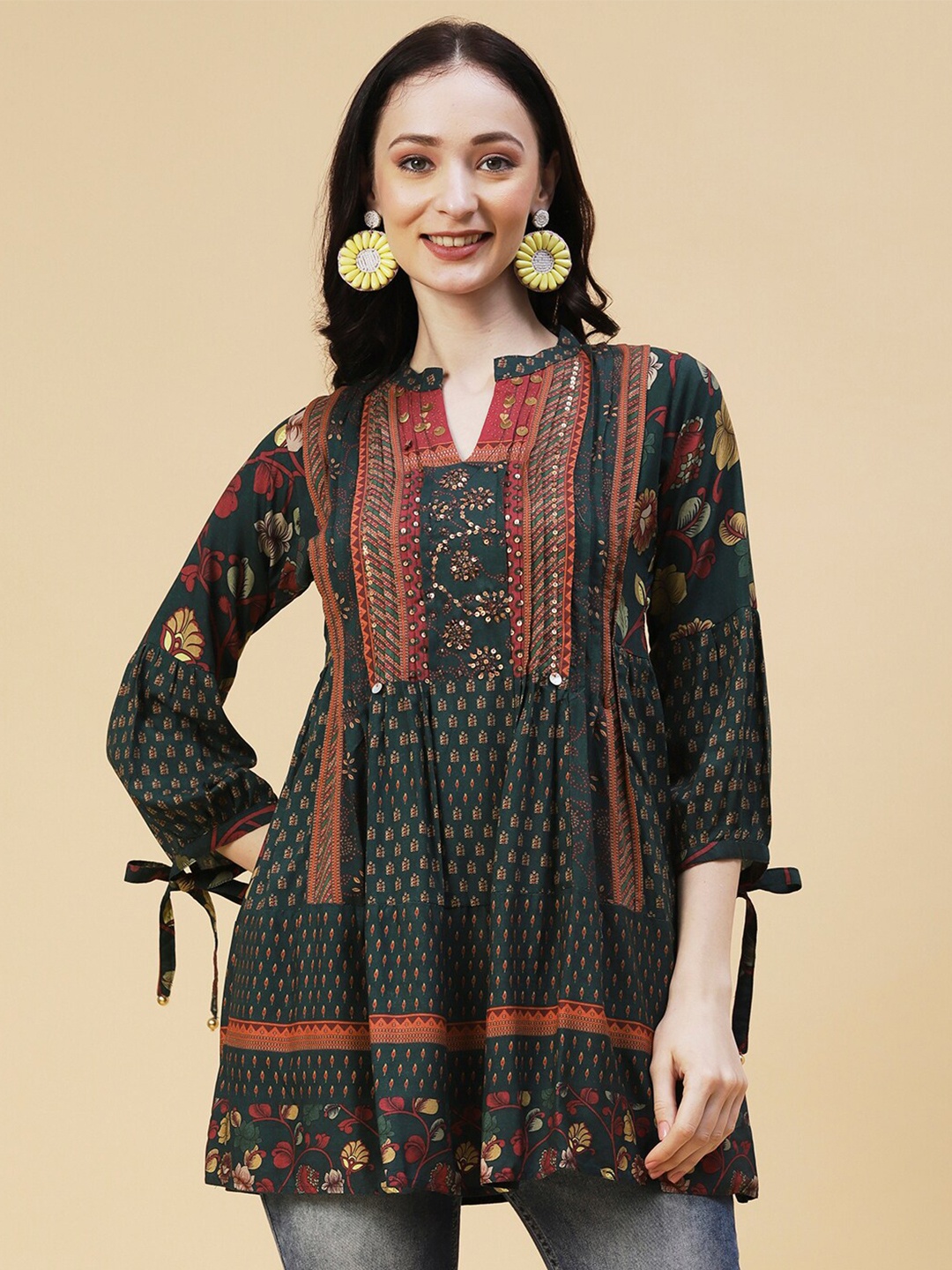 

FASHOR Ethnic Motifs Printed Sequinned Sequinned A-Line Kurti, Teal