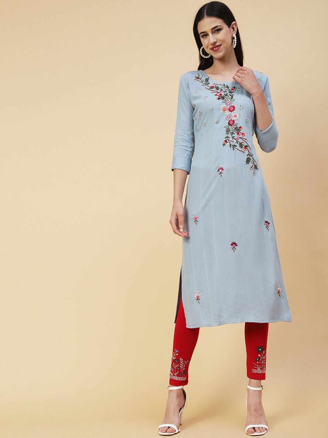 

FASHOR Floral Embroidered Sequined Straight Kurta, Blue
