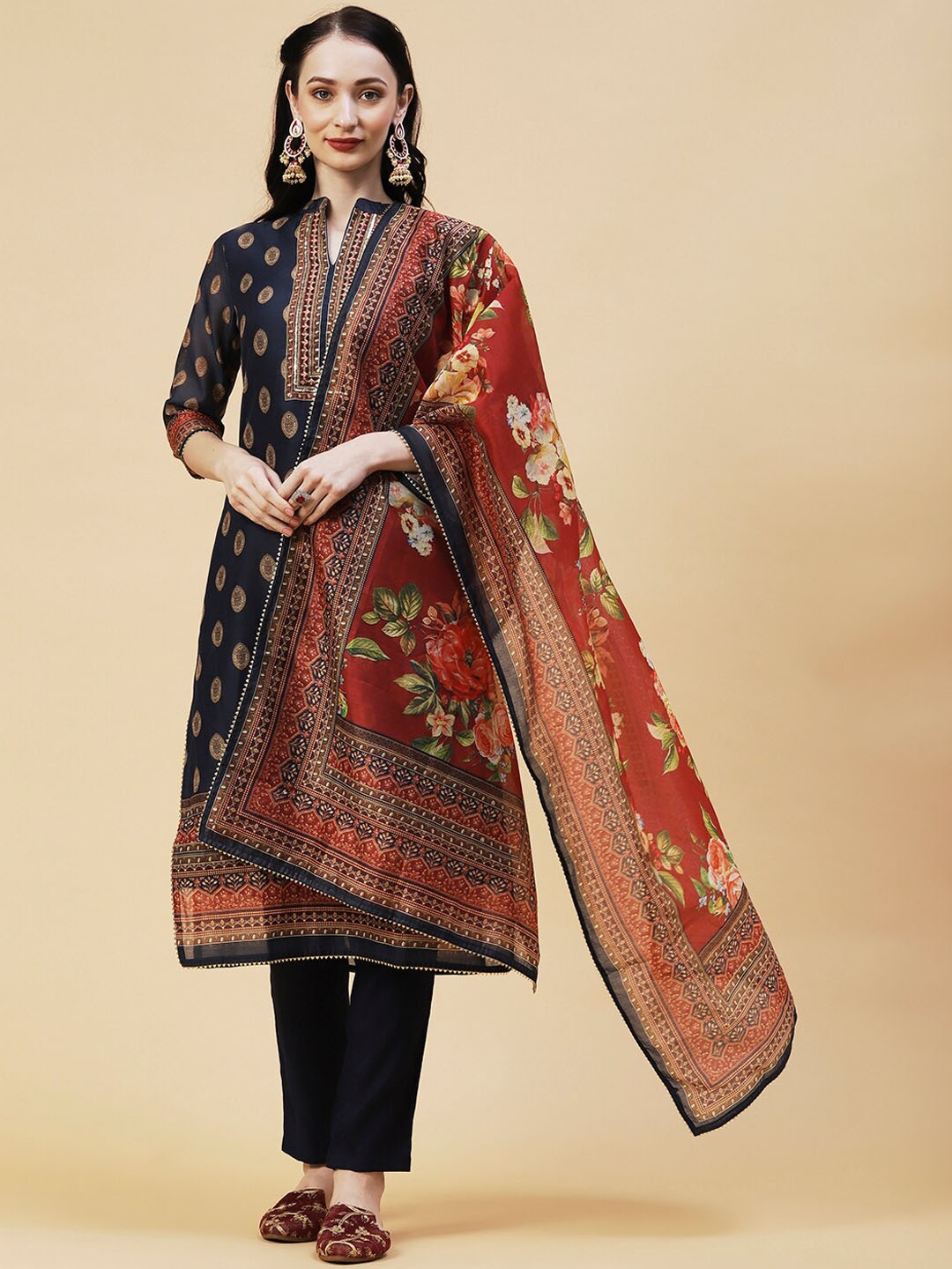 

FASHOR Ethnic Motifs Printed Thread Work Sequined Kurta with Trousers & Dupatta, Navy blue