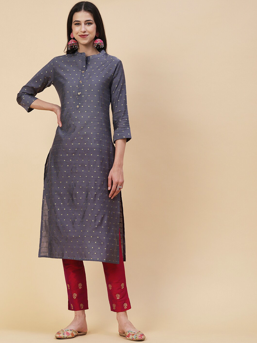 

FASHOR Woven Design Band Collar Straight Kurta, Grey