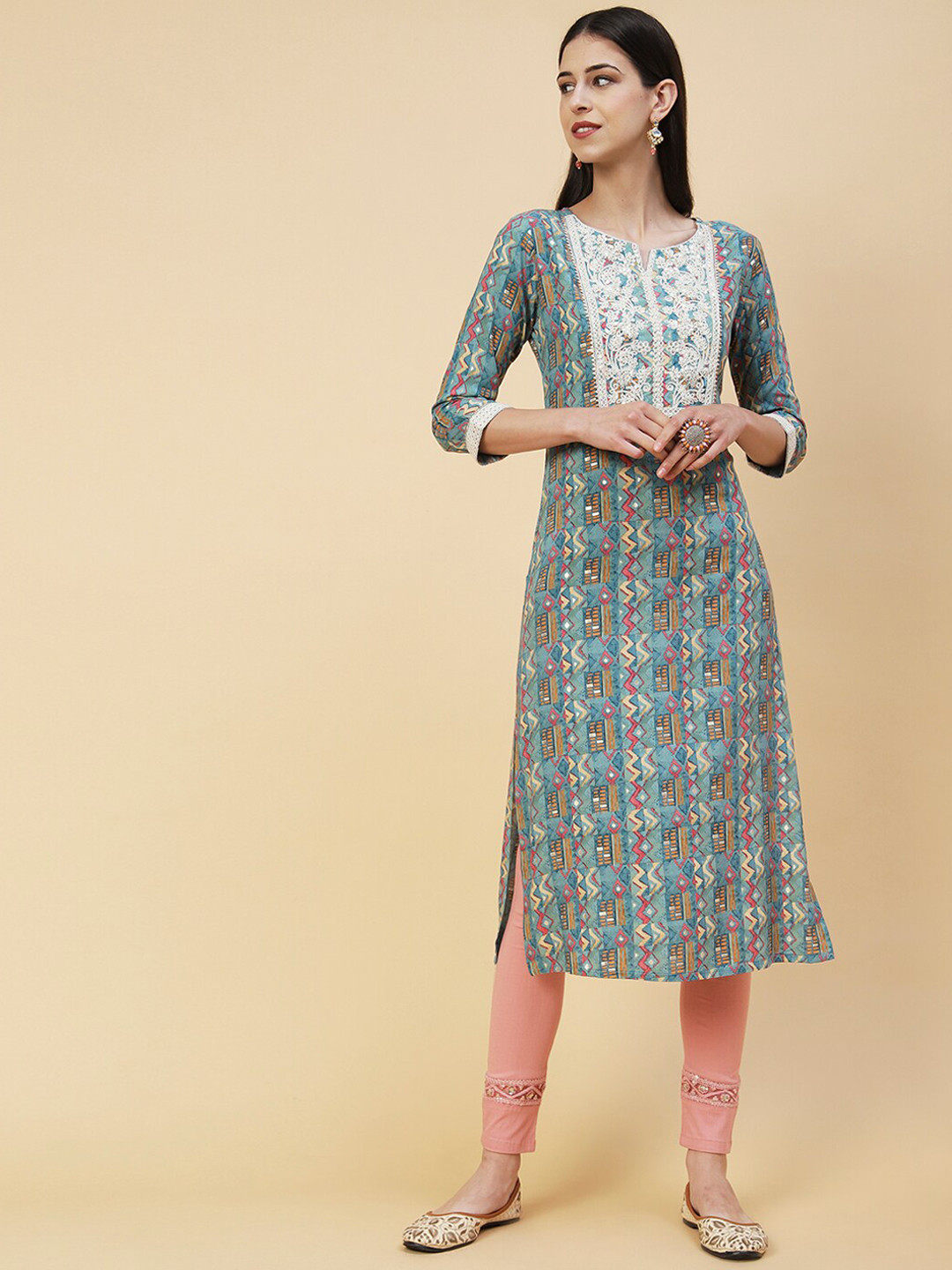 

FASHOR Women Blue Ethnic Motifs Printed Sequinned Kurta