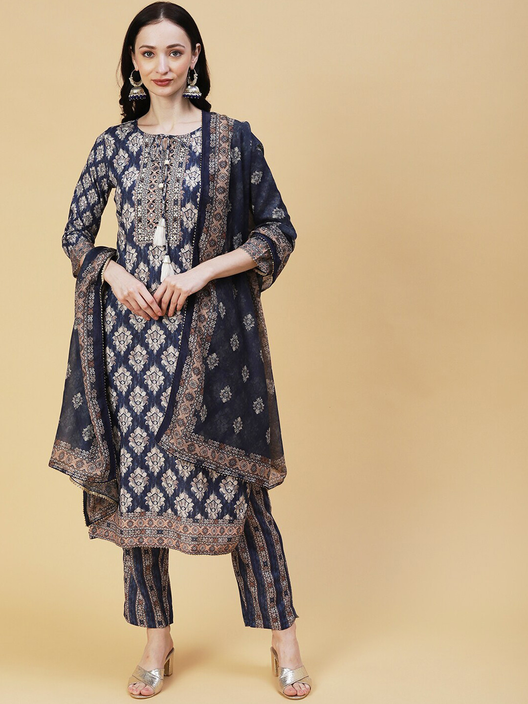 

FASHOR Ethnic Motifs Printed Mirror Work Linen Kurta with Trousers & Dupatta, Navy blue
