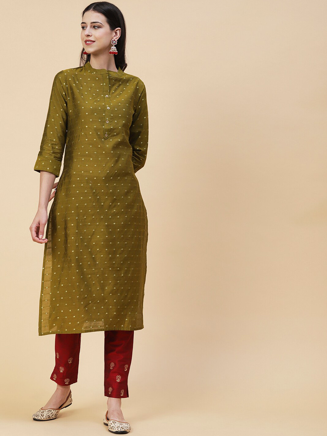 

FASHOR Ethnic Motif Woven Design Band Collar Straight Kurta, Olive