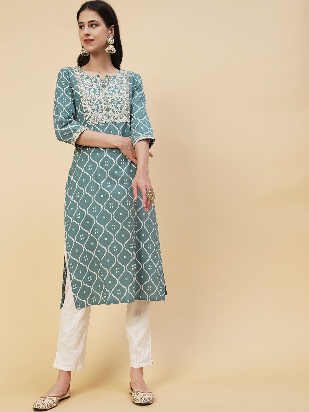 

FASHOR Ethnic Motifs Printed Thread Work Pure Cotton Kurta with Trousers, Green