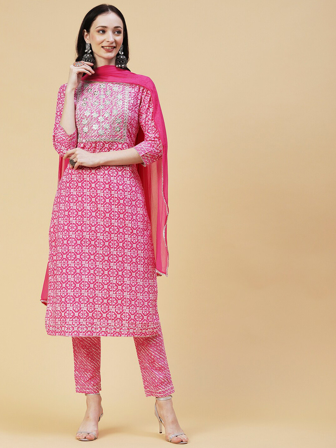 

FASHOR Ethnic Motifs Printed Gotta Patti Pure Cotton Kurta with Trousers & Dupatta, Pink