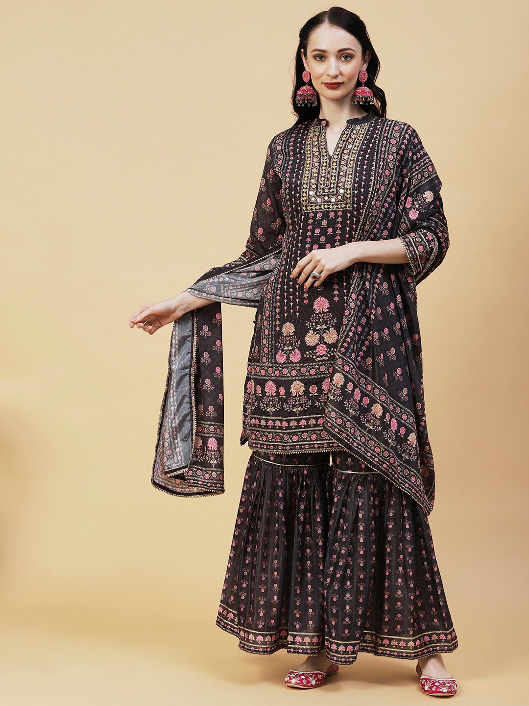 

FASHOR Floral Printed Gotta Patti Kurta with Sharara & Dupatta, Charcoal