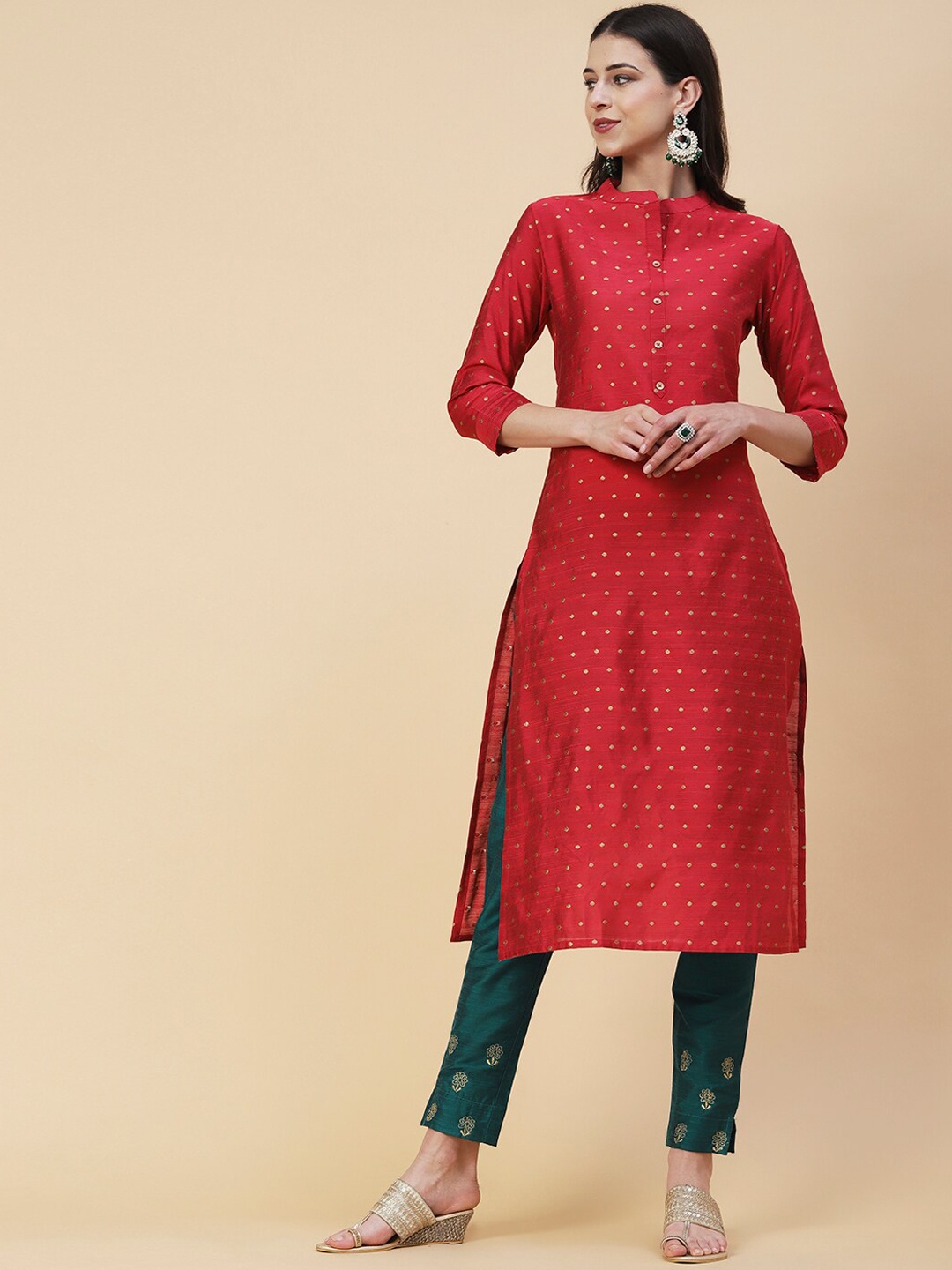 

FASHOR Mandarin Collar Woven Design Straight Kurta, Red