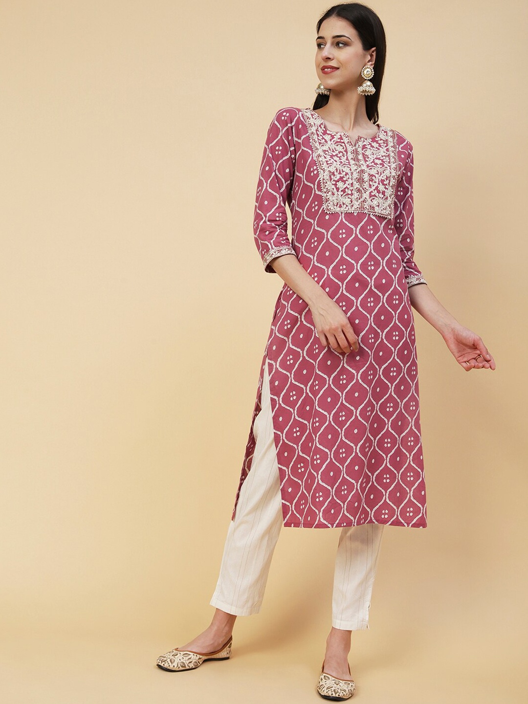 

FASHOR Ethnic Motifs Printed Thread Work Pure Cotton Kurta with Trousers, Red